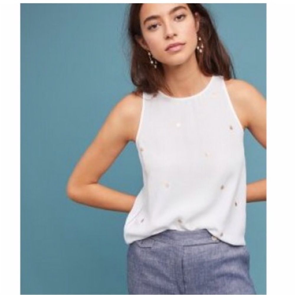 ✨Cloth & Stone White Polka Dot Sleeveless Round Neck Laser Cut Sz L Blouse✨